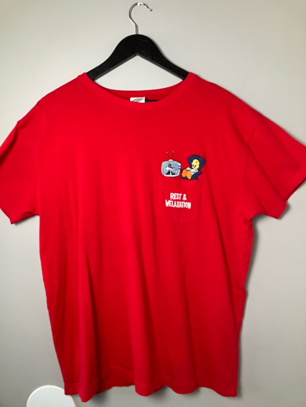 Vintage Warner Bros Looney Tunes Tweety & Sylvester Pocket Large Red Tee Shirt